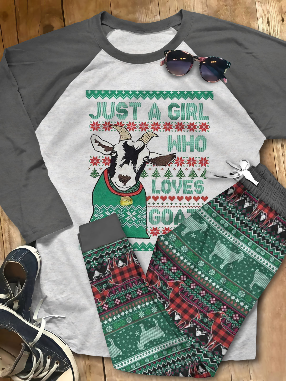 Goat Just A Girl Who Loves Goats Green Good Pajama Set |Sleepwear Pjs Sets | Raglan Shirt Pants Set