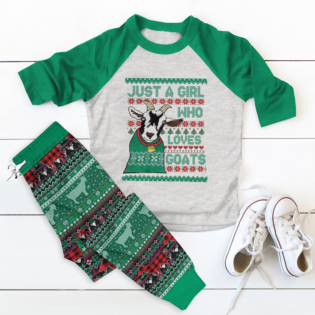 Goat Just A Girl Who Loves Goats Green Good Pajama Set |Sleepwear Pjs Sets | Raglan Shirt Pants Set