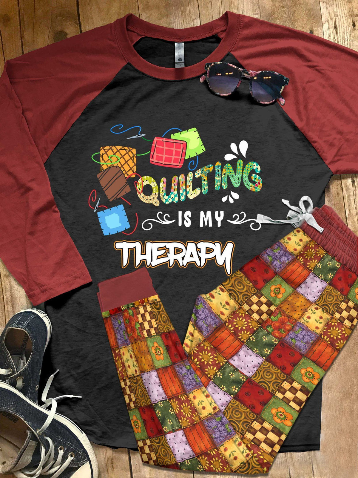 Quilting Set Quilting Is My Therapy Pajama Set |Sleepwear Pjs Sets | Raglan Shirt Pants Set