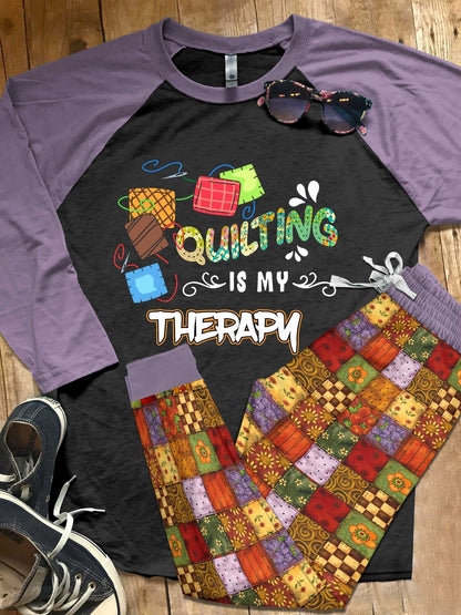 Quilting Set Quilting Is My Therapy Pajama Set |Sleepwear Pjs Sets | Raglan Shirt Pants Set