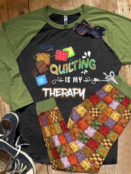 Quilting Set Quilting Is My Therapy Pajama Set |Sleepwear Pjs Sets | Raglan Shirt Pants Set