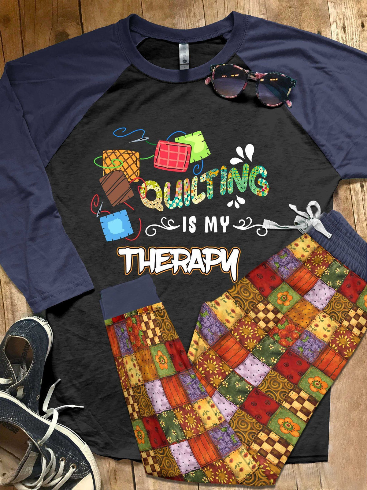 Quilting Set Quilting Is My Therapy Pajama Set |Sleepwear Pjs Sets | Raglan Shirt Pants Set