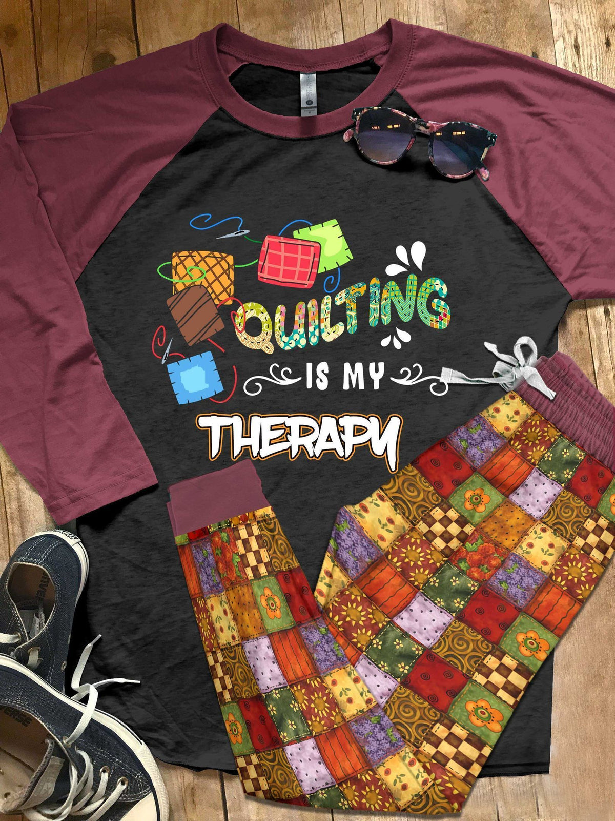 Quilting Set Quilting Is My Therapy Pajama Set |Sleepwear Pjs Sets | Raglan Shirt Pants Set