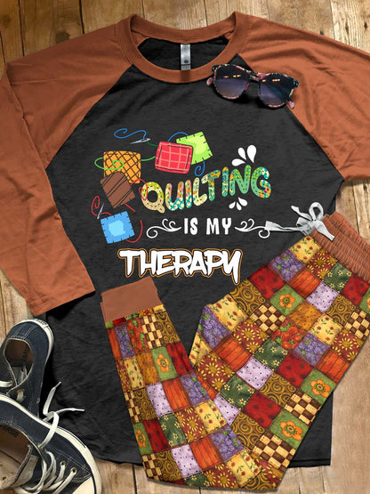 Quilting Set Quilting Is My Therapy Pajama Set |Sleepwear Pjs Sets | Raglan Shirt Pants Set