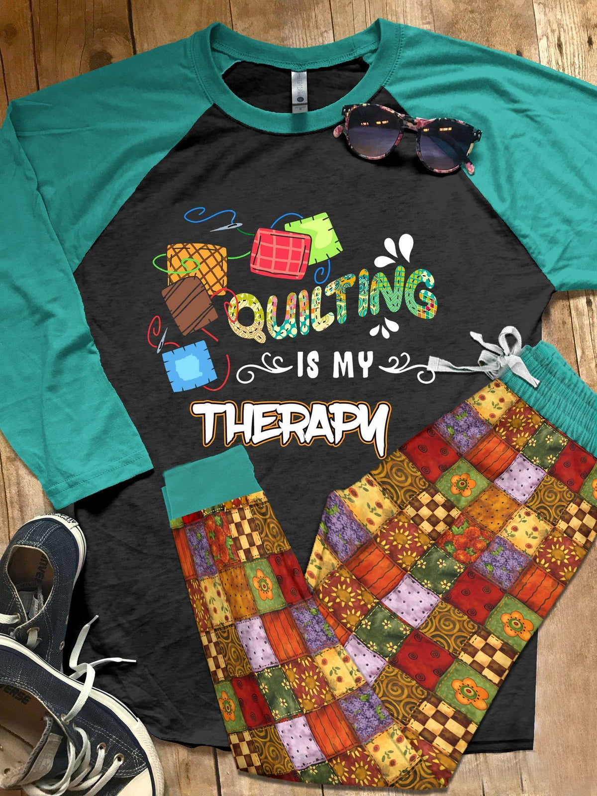 Quilting Set Quilting Is My Therapy Pajama Set |Sleepwear Pjs Sets | Raglan Shirt Pants Set