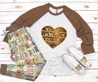 Reading Books Heart Brown Best Pajama Set |Sleepwear Pjs Sets | Raglan Shirt Pants Set