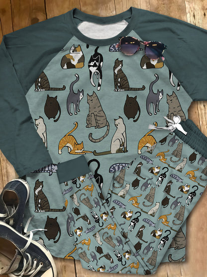 Cat All Things Pajama Set |Sleepwear Pjs Sets | Raglan Shirt Pants Set