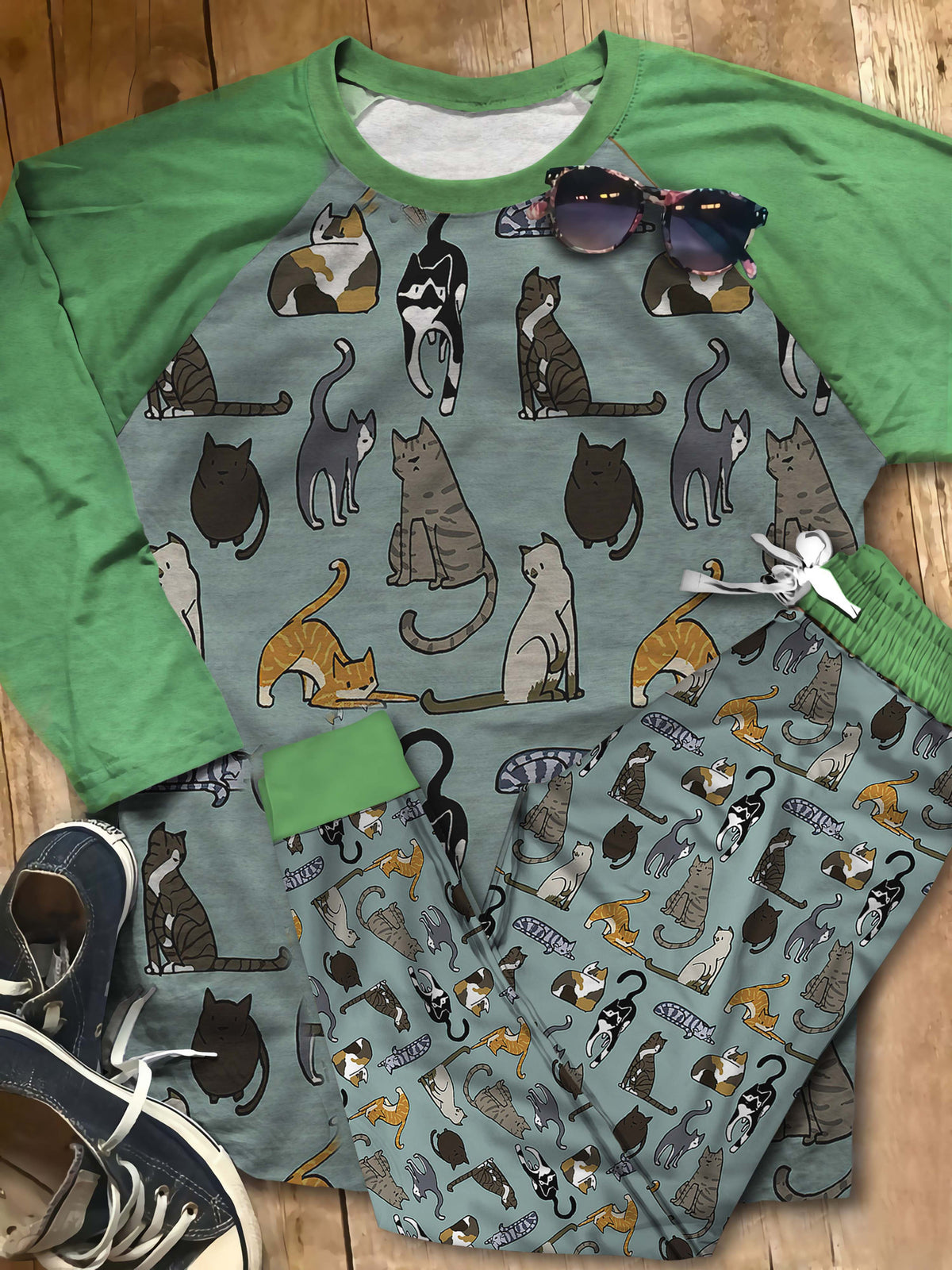 Cat All Things Pajama Set |Sleepwear Pjs Sets | Raglan Shirt Pants Set
