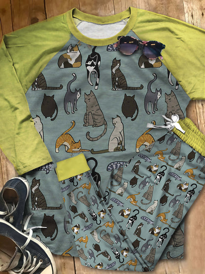Cat All Things Pajama Set |Sleepwear Pjs Sets | Raglan Shirt Pants Set