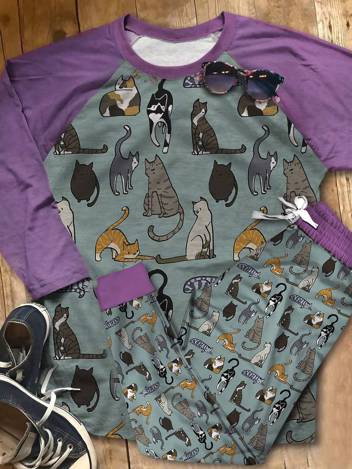 Cat All Things Pajama Set |Sleepwear Pjs Sets | Raglan Shirt Pants Set