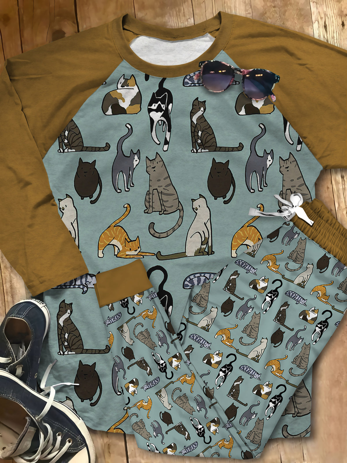 Cat All Things Pajama Set |Sleepwear Pjs Sets | Raglan Shirt Pants Set