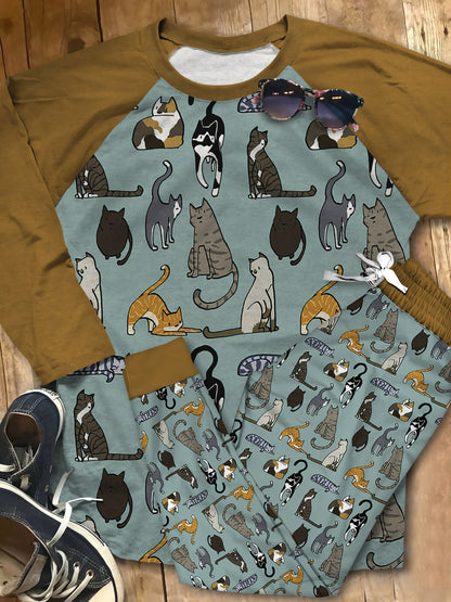 Cat All Things Pajama Set |Sleepwear Pjs Sets | Raglan Shirt Pants Set