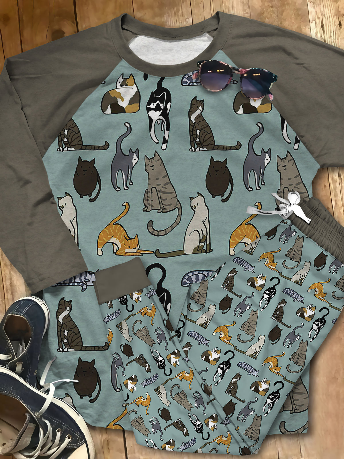 Cat All Things Pajama Set |Sleepwear Pjs Sets | Raglan Shirt Pants Set
