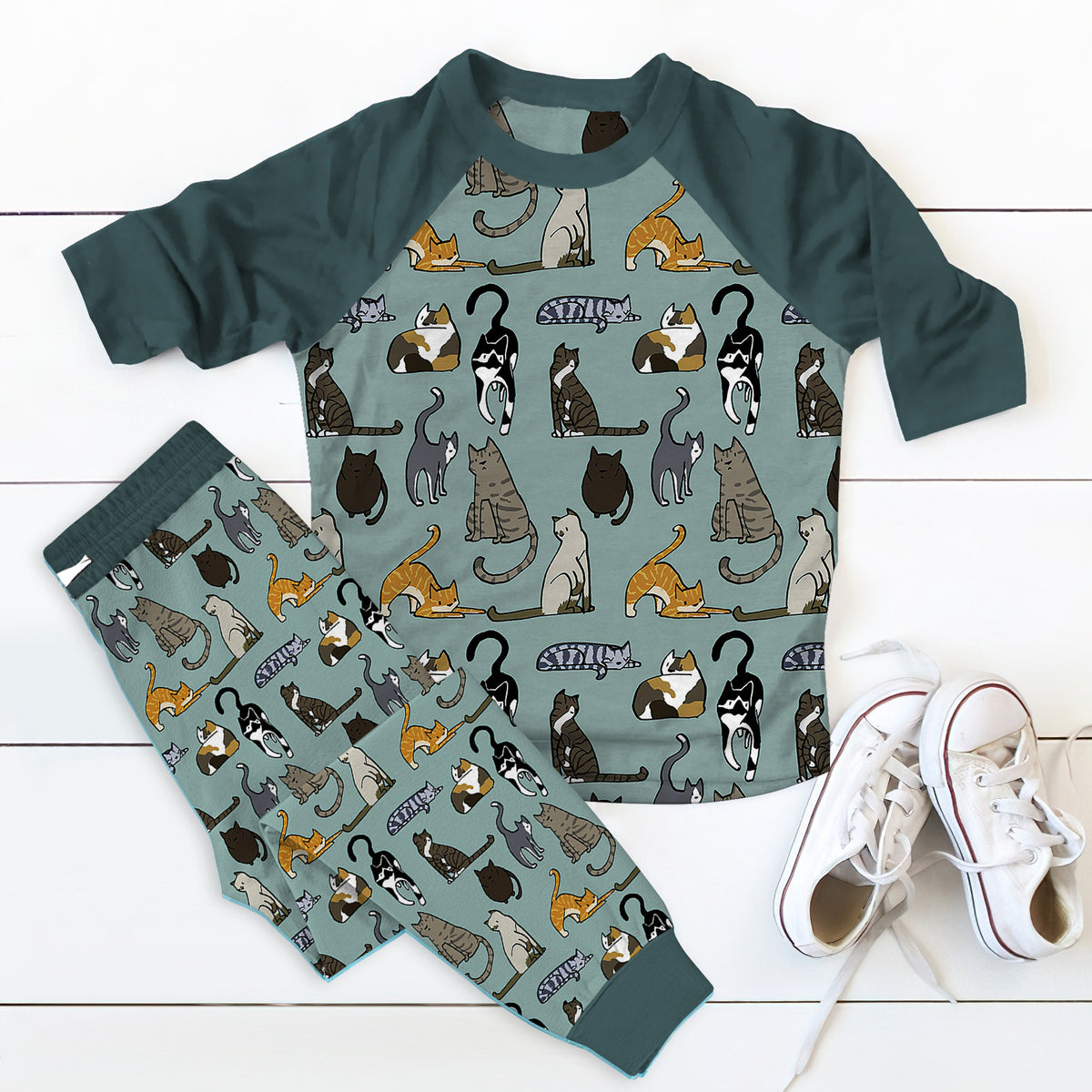 Cat All Things Pajama Set |Sleepwear Pjs Sets | Raglan Shirt Pants Set