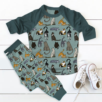 Cat All Things Pajama Set |Sleepwear Pjs Sets | Raglan Shirt Pants Set