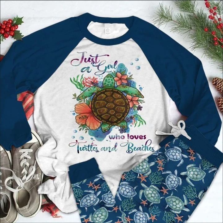 Sea Turtle A Girl Blue High Quality Pajama Set |Sleepwear Pjs Sets | Raglan Shirt Pants Set