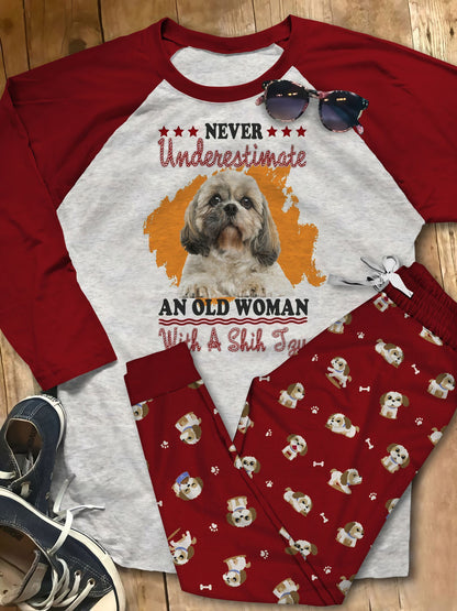 Shih Tzu With Old Woman Red High Quality Pajama Set |Sleepwear Pjs Sets | Raglan Shirt Pants Set
