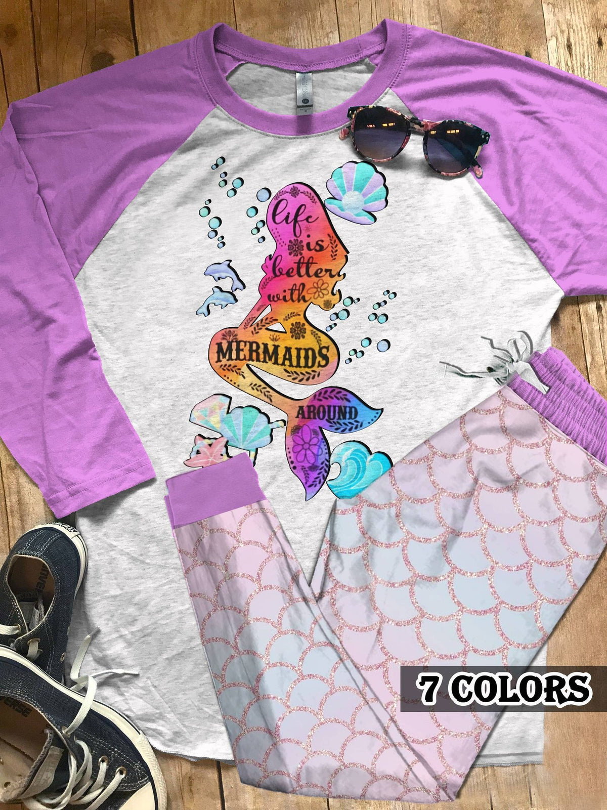 Mermaid Life Is Better With Mermaid Around Colors Pajama Set |Sleepwear Pjs Sets | Raglan Shirt Pants Set