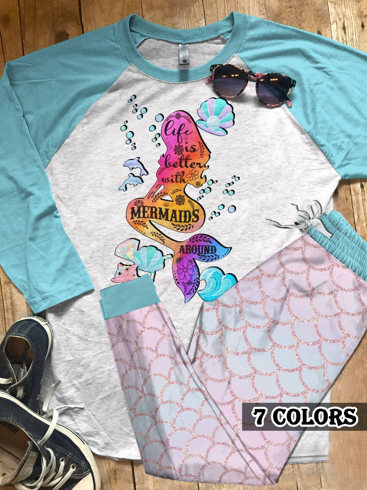 Mermaid Life Is Better With Mermaid Around Colors Pajama Set |Sleepwear Pjs Sets | Raglan Shirt Pants Set