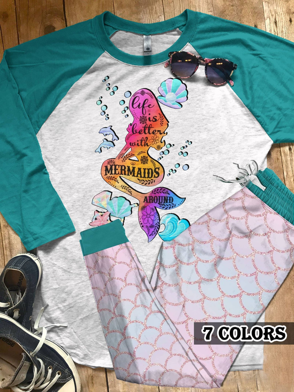 Mermaid Life Is Better With Mermaid Around Colors Pajama Set |Sleepwear Pjs Sets | Raglan Shirt Pants Set