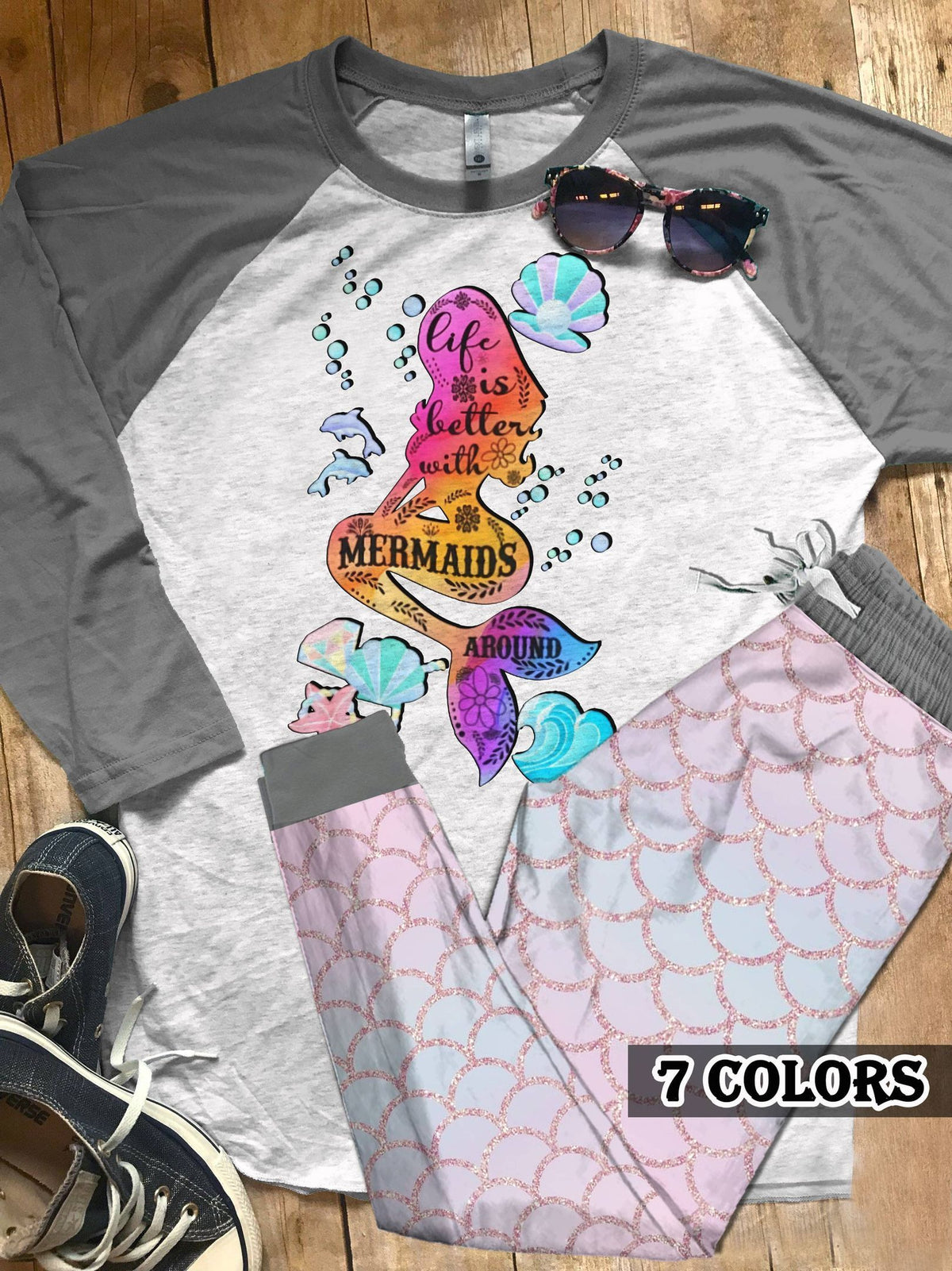 Mermaid Life Is Better With Mermaid Around Colors Pajama Set |Sleepwear Pjs Sets | Raglan Shirt Pants Set