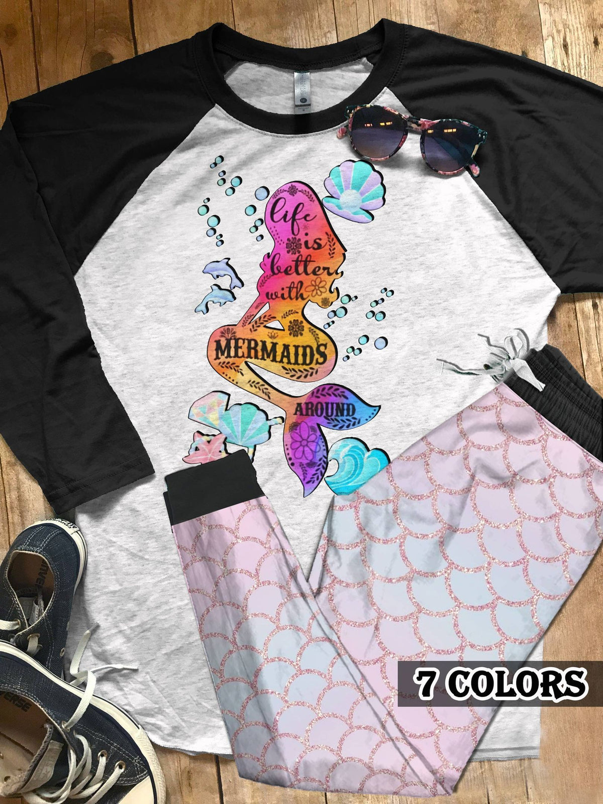 Mermaid Life Is Better With Mermaid Around Colors Pajama Set |Sleepwear Pjs Sets | Raglan Shirt Pants Set