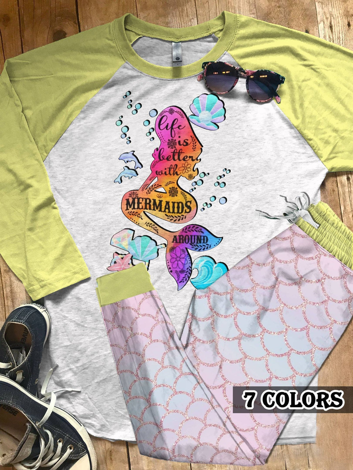 Mermaid Life Is Better With Mermaid Around Colors Pajama Set |Sleepwear Pjs Sets | Raglan Shirt Pants Set