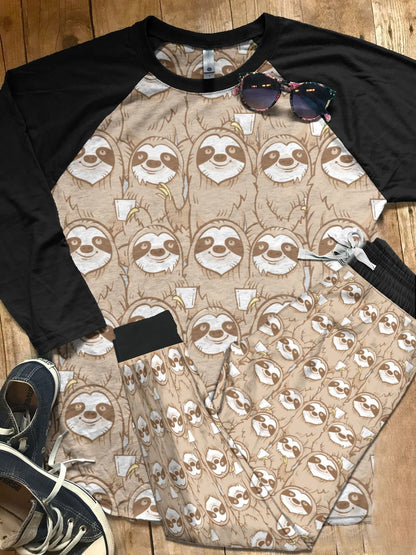 Sloth Just Sloth Colors Black Good Pajama Set |Sleepwear Pjs Sets | Raglan Shirt Pants Set