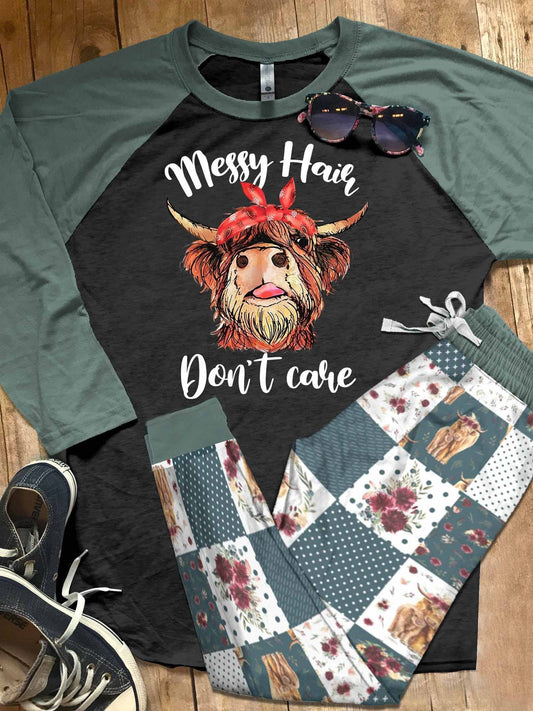 Cow Set Messy Hair Dont Care Pajama Set |Sleepwear Pjs Sets | Raglan Shirt Pants Set