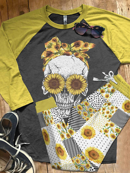 Skull Set Sunflower Skull Pajama Set |Sleepwear Pjs Sets | Raglan Shirt Pants Set