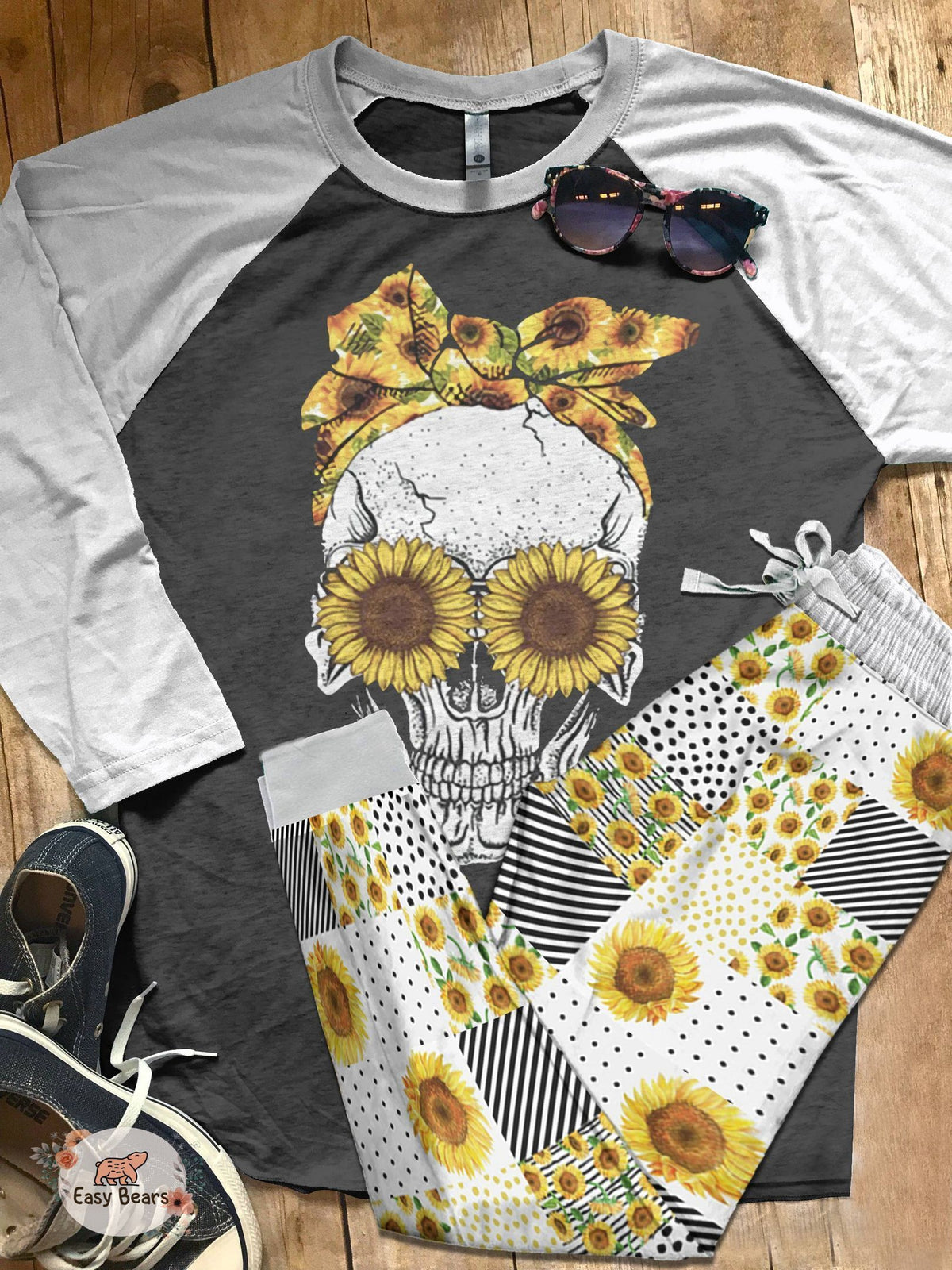 Skull Set Sunflower Skull Pajama Set |Sleepwear Pjs Sets | Raglan Shirt Pants Set
