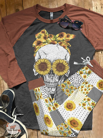 Skull Set Sunflower Skull Pajama Set |Sleepwear Pjs Sets | Raglan Shirt Pants Set