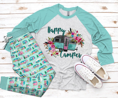 Camping Set Happy Camper Pajama Set |Sleepwear Pjs Sets | Raglan Shirt Pants Set