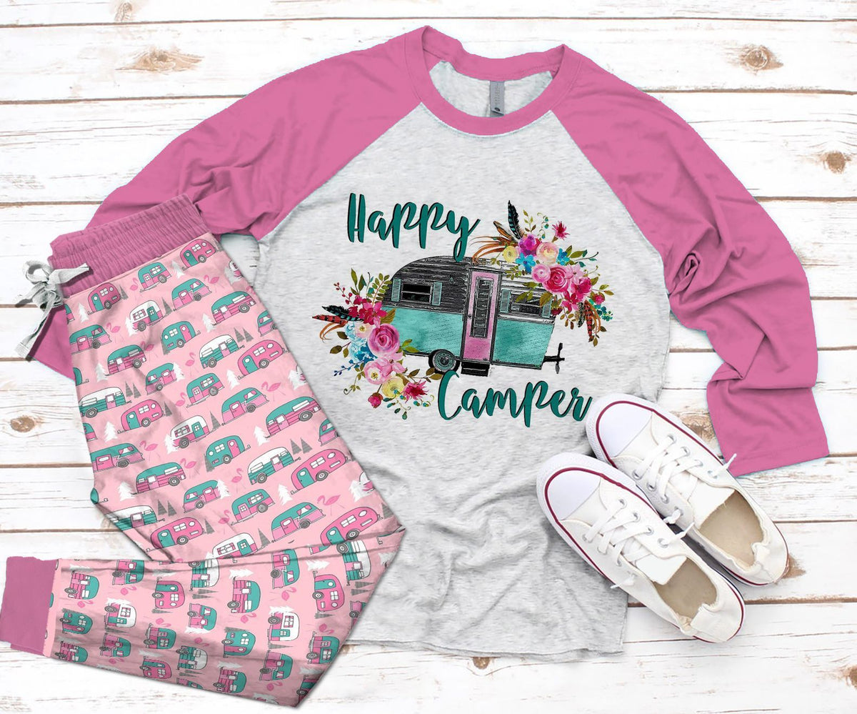 Camping Set Happy Camper Pajama Set |Sleepwear Pjs Sets | Raglan Shirt Pants Set