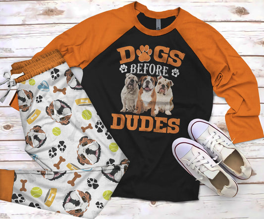 English Bulldog Dogs Before Dudes Pajama Set |Sleepwear Pjs Sets | Raglan Shirt Pants Set