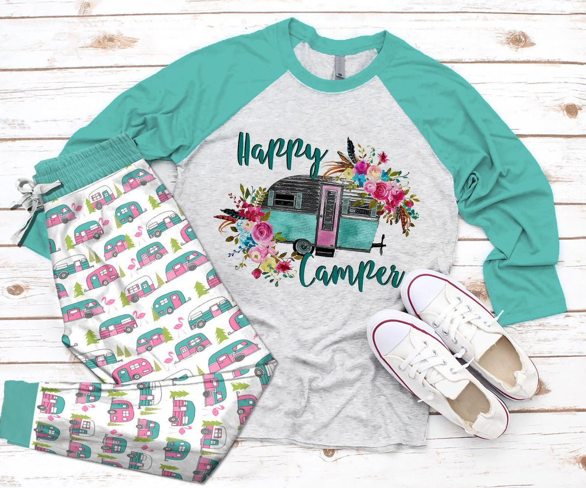 Camping Set Happy Camper Pajama Set |Sleepwear Pjs Sets | Raglan Shirt Pants Set
