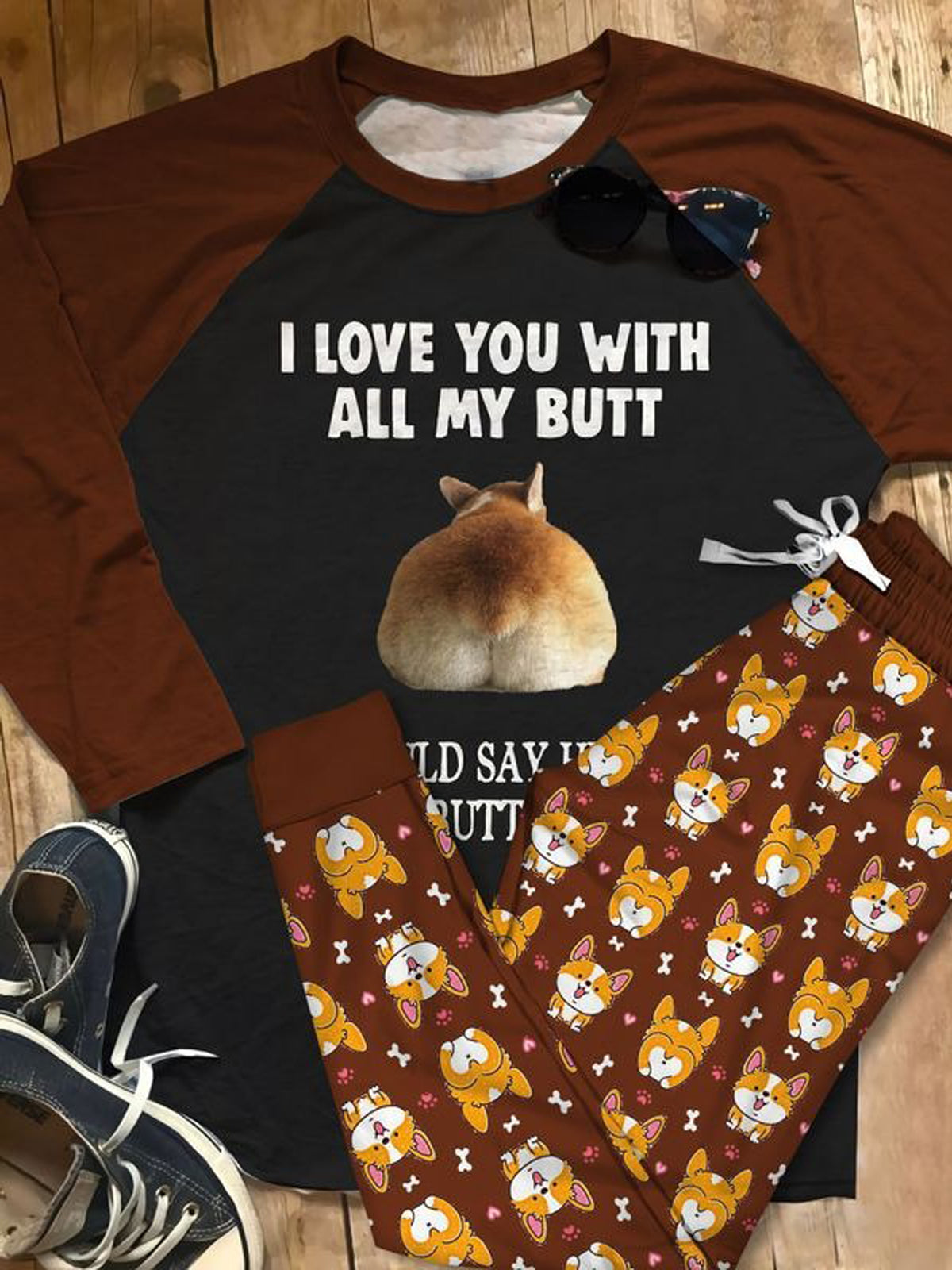 Corgi My Butt Pajama Set |Sleepwear Pjs Sets | Raglan Shirt Pants Set