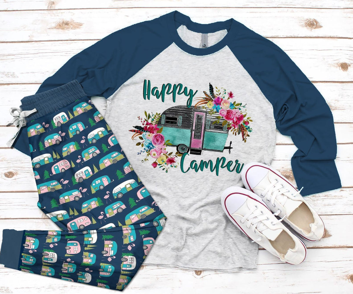 Camping Set Happy Camper Pajama Set |Sleepwear Pjs Sets | Raglan Shirt Pants Set