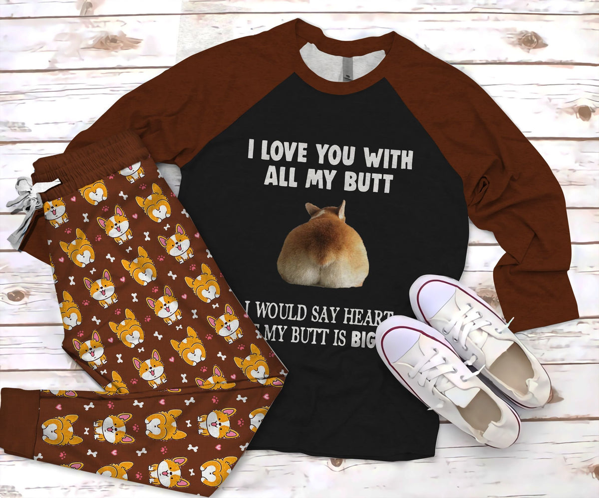 Corgi My Butt Pajama Set |Sleepwear Pjs Sets | Raglan Shirt Pants Set