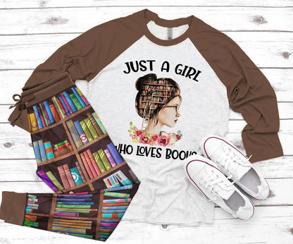 Reading Just A Girl Who Loves Books Brown Amazing Pajama Set |Sleepwear Pjs Sets | Raglan Shirt Pants Set