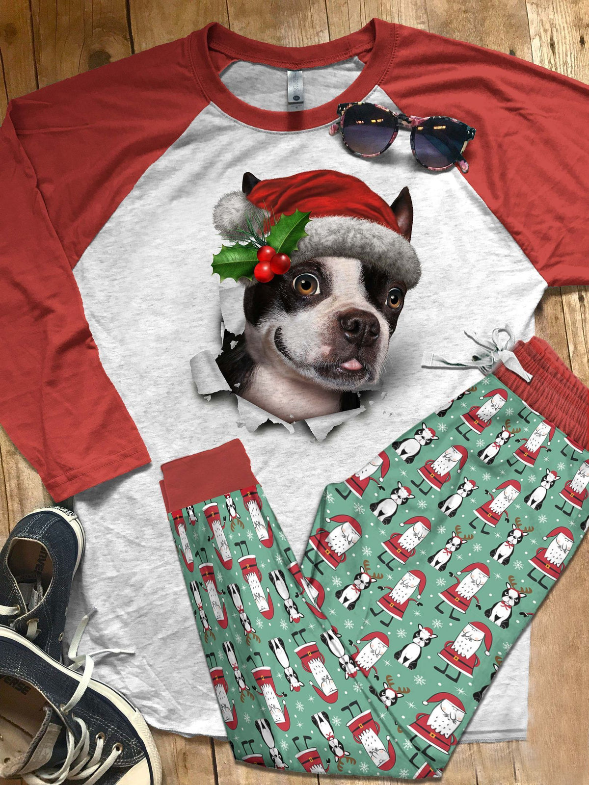 Boston Terrier Christmas Boston Terrier Pajama Set |Sleepwear Pjs Sets | Raglan Shirt Pants Set