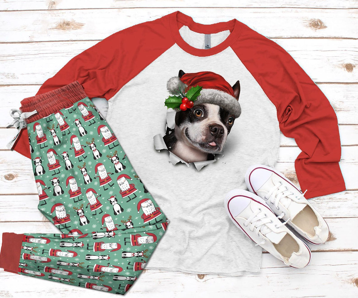 Boston Terrier Christmas Boston Terrier Pajama Set |Sleepwear Pjs Sets | Raglan Shirt Pants Set