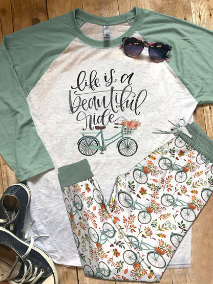 Cycling Life Is A Beautiful Ride Pajama Set |Sleepwear Pjs Sets | Raglan Shirt Pants Set