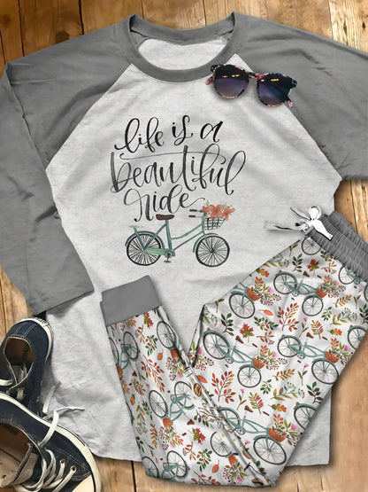 Cycling Life Is A Beautiful Ride Pajama Set |Sleepwear Pjs Sets | Raglan Shirt Pants Set