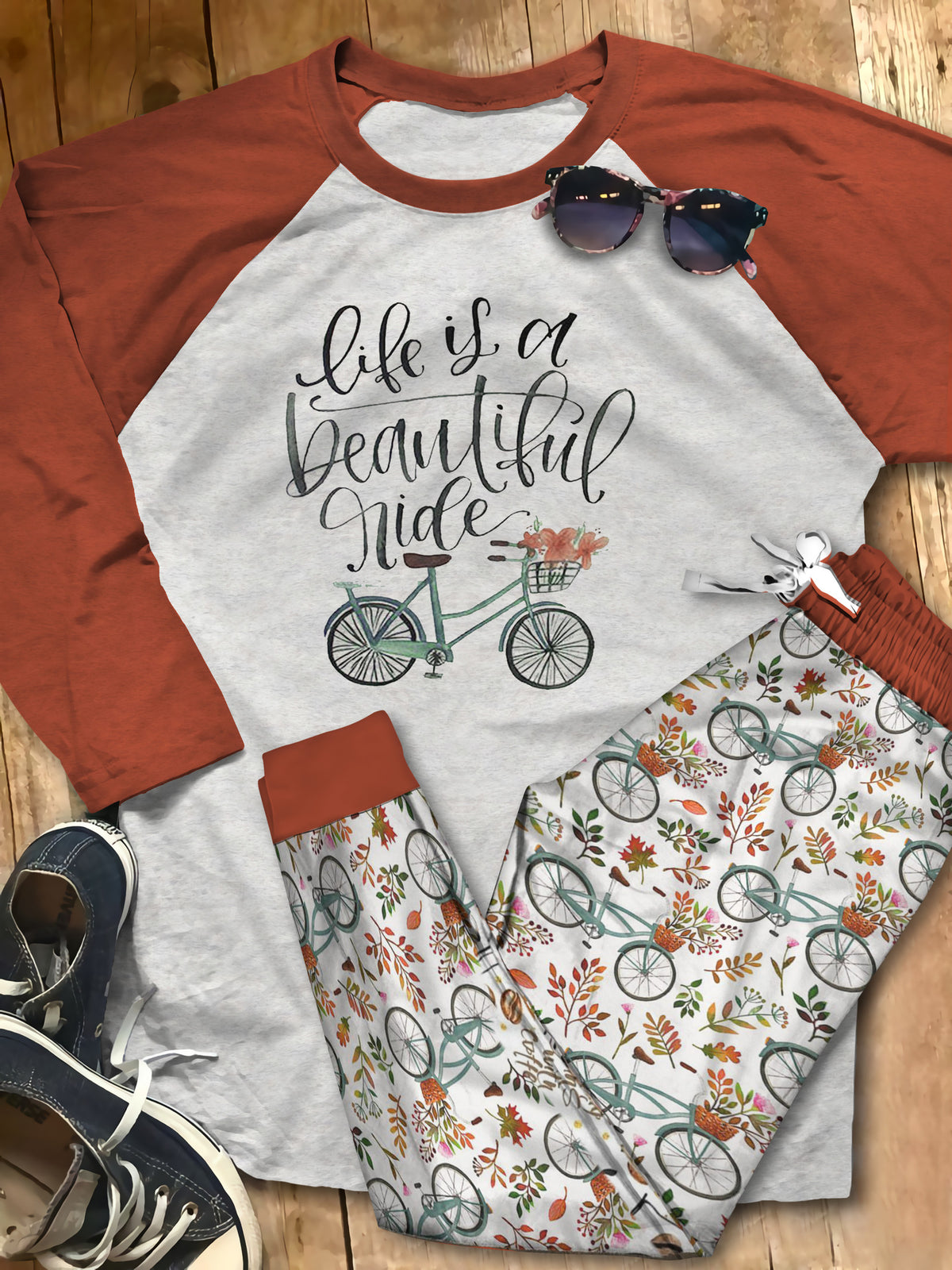 Cycling Life Is A Beautiful Ride Pajama Set |Sleepwear Pjs Sets | Raglan Shirt Pants Set