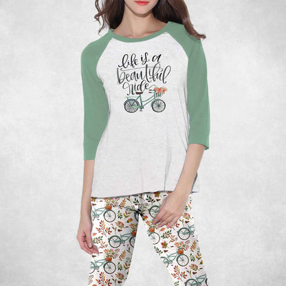 Cycling Life Is A Beautiful Ride Pajama Set |Sleepwear Pjs Sets | Raglan Shirt Pants Set