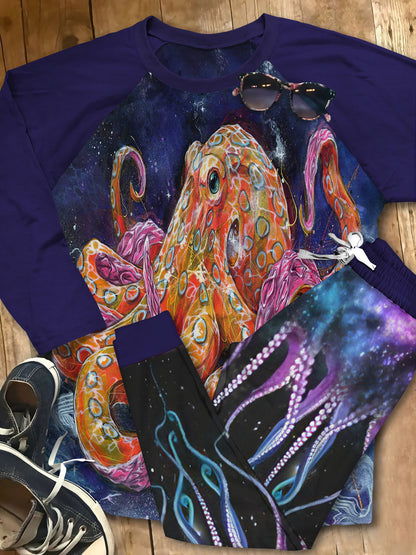 Octopus Galaxy Night Purple Nice Pajama Set |Sleepwear Pjs Sets | Raglan Shirt Pants Set