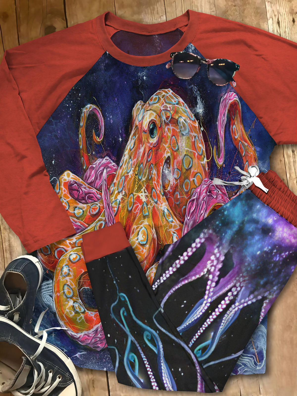 Octopus Galaxy Night Purple Nice Pajama Set |Sleepwear Pjs Sets | Raglan Shirt Pants Set