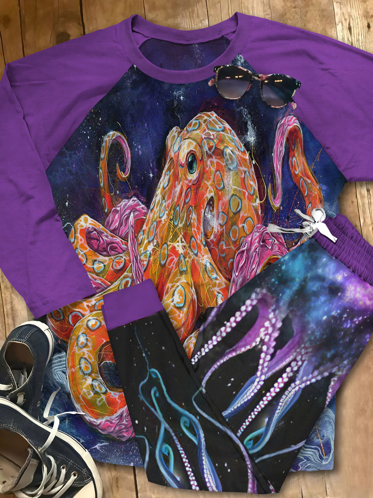 Octopus Galaxy Night Purple Nice Pajama Set |Sleepwear Pjs Sets | Raglan Shirt Pants Set
