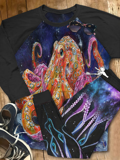 Octopus Galaxy Night Purple Nice Pajama Set |Sleepwear Pjs Sets | Raglan Shirt Pants Set